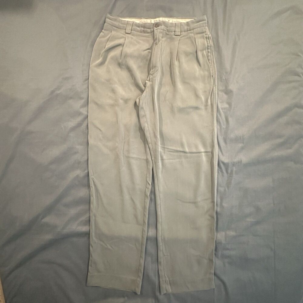 Tommy Bahama 100% Silk Pleated Pants Mens 33 Faded Olive Green Trousers